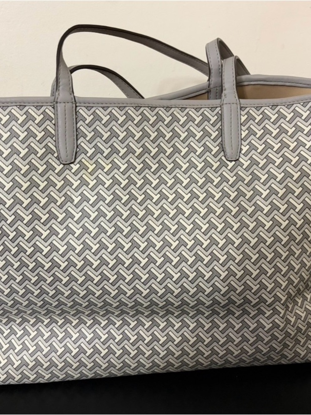 Tory Burch Gray and Cream Center-Stripe Tote - Picture 2 of 9